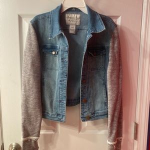 denim jacket with gray sleeves